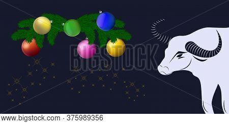Garland Of Christmas Tree Branches And Balls, White Bull With Swirling Horns - Illustration, Vector.