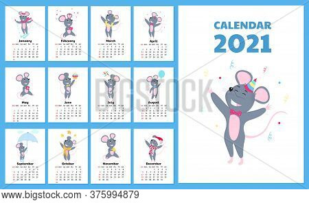 Calendar For 2021 From Sunday To Saturday. Cute Rats In Different Costumes. Mouse Cartoon Character.
