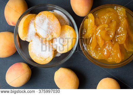 Apricot Halves With Sugar And Jam In Glass Bowls. Steps For Making Apricot Jam. Top View.