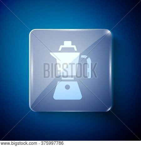 White Coffee Maker Moca Pot Icon Isolated On Blue Background. Square Glass Panels. Vector