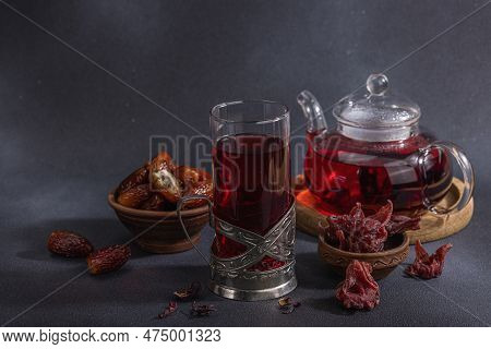 Hibiscus Hot Tea With Dates. Traditional Ramadan Kareem Concept Snack For Iftar Or Suhoor Meal