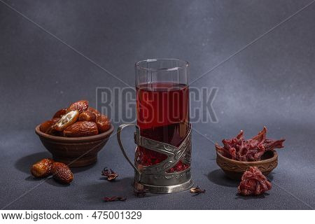 Hibiscus Hot Tea With Dates. Traditional Ramadan Kareem Concept Snack For Iftar Or Suhoor Meal