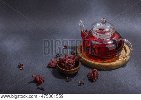 Hibiscus Hot Tea With Dates. Traditional Ramadan Kareem Concept Snack For Iftar Or Suhoor Meal