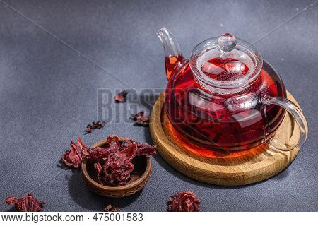 Hibiscus Hot Tea With Dates. Traditional Ramadan Kareem Concept Snack For Iftar Or Suhoor Meal