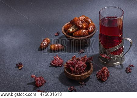 Hibiscus Hot Tea With Dates. Traditional Ramadan Kareem Concept Snack For Iftar Or Suhoor Meal
