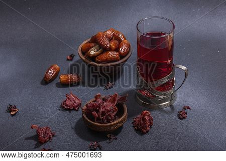 Hibiscus Hot Tea With Dates. Traditional Ramadan Kareem Concept Snack For Iftar Or Suhoor Meal