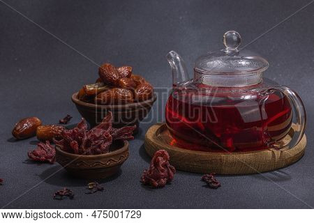 Hibiscus Hot Tea With Dates. Traditional Ramadan Kareem Concept Snack For Iftar Or Suhoor Meal