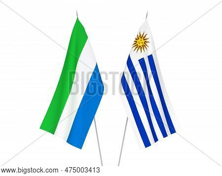 National Fabric Flags Of Sierra Leone And Oriental Republic Of Uruguay Isolated On White Background.
