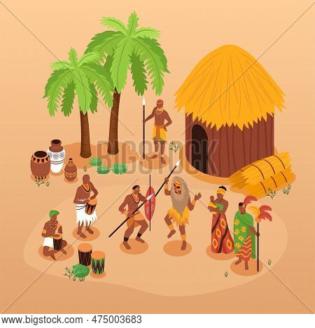 Isometric African People Composition With Isolated Characters Of Natives With Palms Ancient Arms And
