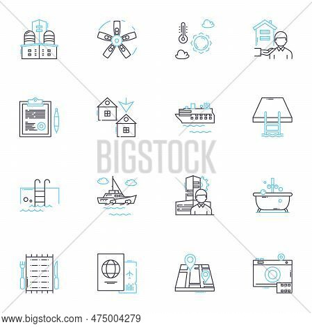 Hospitality Trade Linear Icons Set. Accommodation, Service, Hospitality, Tourism, Travel, Reception,
