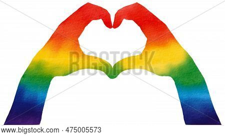 Hands In The Form Of Heart With  Rainbow Flag Brush Style.lgbt  Pride Month Watercolor Texture Conce