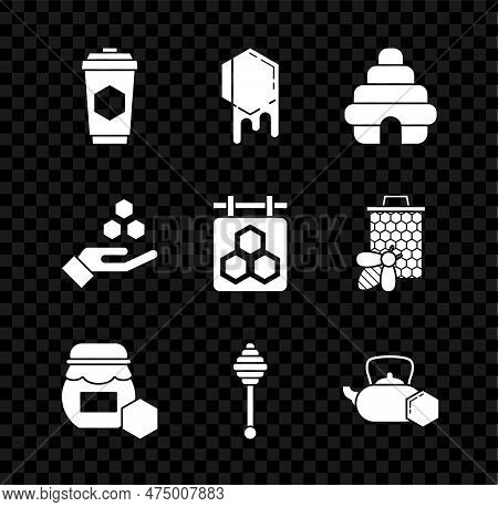 Set Cup Of Tea With Honey, Honeycomb, Hive For Bees, Jar, Dipper Stick, Tea Kettle, And Hand And Han