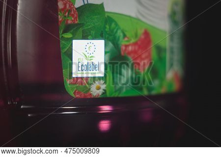 Brussels, Belgium - March 2, 2023: Selective Blur On A Eu Ecolabel Logo On Organic Dishwashing Deter