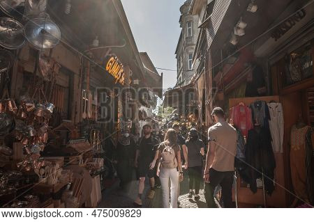 Istanbul, Turkey - May 21, 2022: Selective Blur On Hasircilar Street At Rush Hour, Heavily Crowded, 