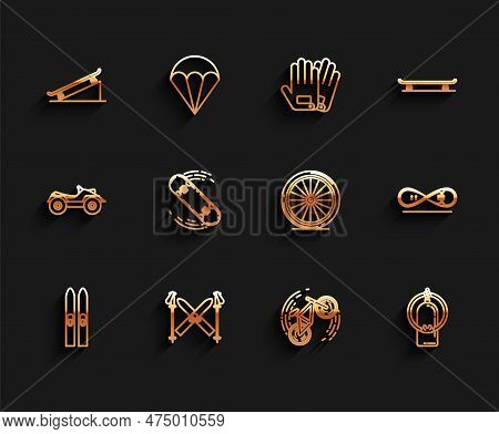 Set Line Ski And Sticks, Skateboard On Street Ramp, Bicycle Trick, Aqualung, And Wheel Icon. Vector