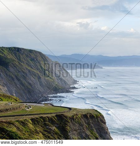 Summer Evening Ocean Coastline View Near Beach In Barrika Town, Biscay, Basque Country (spain).