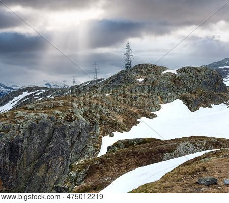 Summer Mountain Landscape With Electric Poles (grimsel Pass, Switzerland)