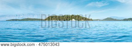 Hazy Summer Lefkada Coastline Panorama. View From Nydri Beach, Greece.