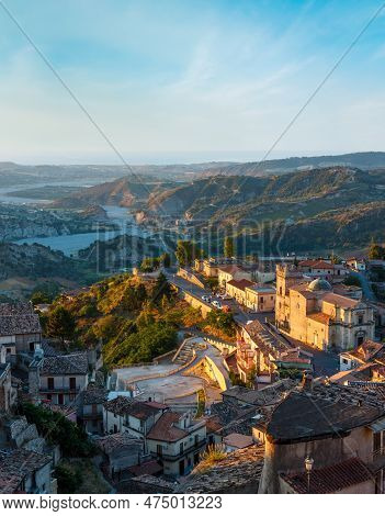 Sunrise Old Medieval Stilo Famos Calabria Village View, Southern Italy.