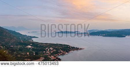 Sea Twilight Panorama, Croatian Islands And Viganj Village On Seashore (peljesac Peninsula, Croatia)
