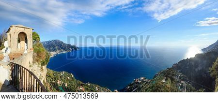 Sea View From Villa Cimbrone Terrace (ravello, Amalfi Coast, Italy). Panorama. There Is Some Sun Fla