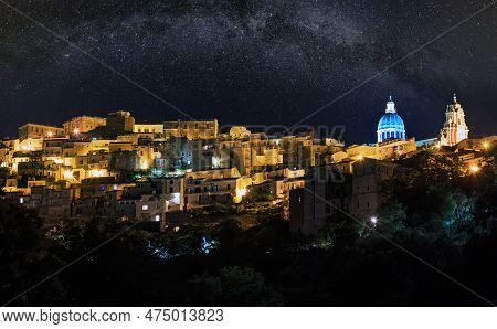 Night Old Medieval Ragusa Famos Sicilian Town View (sicily, Italy). City Lights Of Famous Touristic 