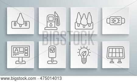 Set Line Television Report, Petrol Gas Station, Trash Can, Light Bulb With Leaf, Solar Energy Panel,