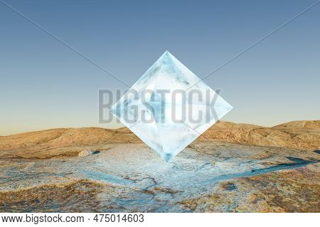 Ice Prism Pyramid Cube Hovering In The Air In Large Empty Desert Environment; Abstract Surreal Conce