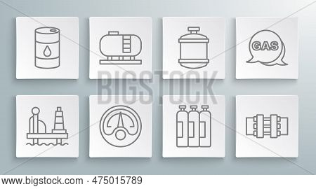 Set Line Oil Platform In The Sea, Tank Storage, Motor Gas Gauge, Industrial Cylinder, Metallic Pipes
