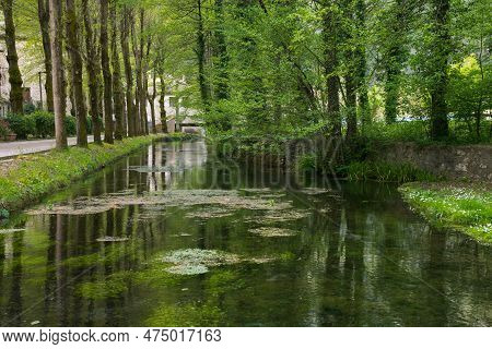 View Of Little River In The Center Of Scheggino Medieval Town In Umbria Italy
