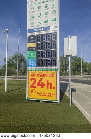 Merida, Spain - April 17th, 2023: Price Board Outside Spanish Petrol Station. High Petrol Prices Con