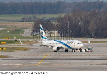 Zurich, Switzerland, January 2, 2023 El Al Israel Airlines Boeing 737-86q Aircraft Is Pushed To Its 