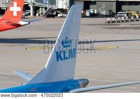 Zurich, Switzerland, January 2, 2023 Klm Royal Dutch Airlines Logo On The Rudder Of An Embraer E190-