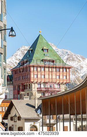 Saint Moritz, Switzerland, February 21, 2023 Building Of The Popular Badrutts Palace Hotel In The Ci