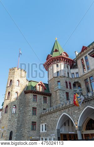 Saint Moritz, Switzerland, February 21, 2023 Building Of The Popular Badrutts Palace Hotel In The Ci