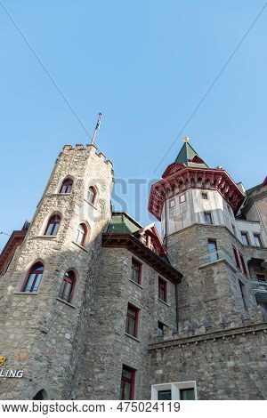 Saint Moritz, Switzerland, February 21, 2023 Building Of The Popular Badrutts Palace Hotel In The Ci