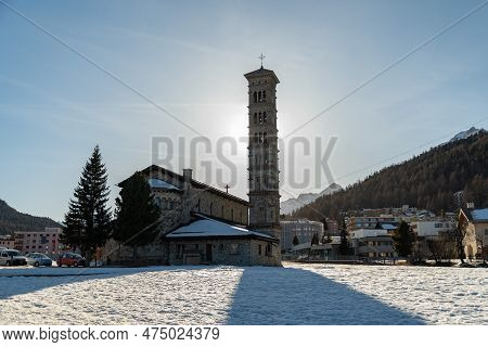 Saint Moritz, Switzerland, February 21, 2023 Historic Old Saint Karl Borromaeus Catholic Church On A