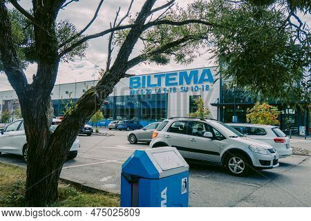 Helsinki, Finland - August 22, 2022: Biltema Store. Blue Sign Above Main Entrance To Building. Car P