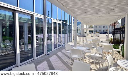Warsaw, Poland. 21 April 2023. The Building That Houses The Food Hall Ogrody Urlicha. It\'s A Modern