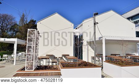 Warsaw, Poland. 21 April 2023. The Building That Houses The Food Hall Ogrody Urlicha. It\'s A Modern