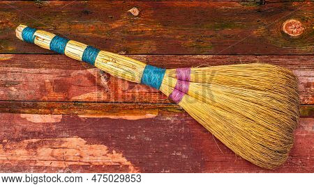Wicker Broom Made Of Sorghum For Indoor Sweeping. Broom For Sweeping The Floor. House Cleaning. Clea
