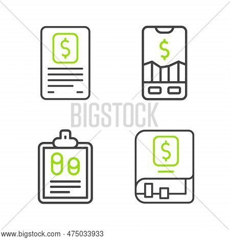 Set Line Financial Book, Business Finance Report, Mobile Stock Trading And Icon. Vector