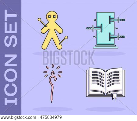Set Ancient Magic Book, Voodoo Doll, Magic Staff And Trunk For Magic Tricks Icon. Vector