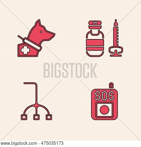 Set Press The Sos Button, Guide Dog, Syringe And Walking Stick Cane Icon. Vector