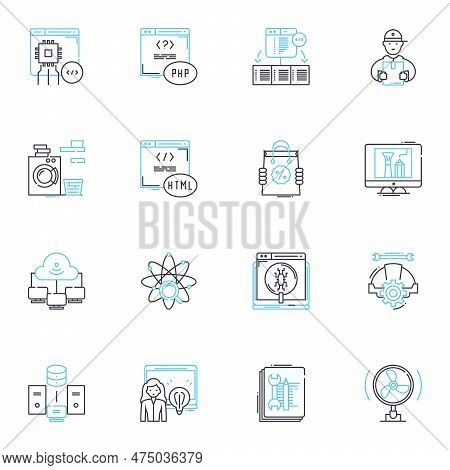 Equipment Linear Icons Set. Machinery, Gear, Tools, Apparatus, Gadget, Implement, Instrument Line Ve