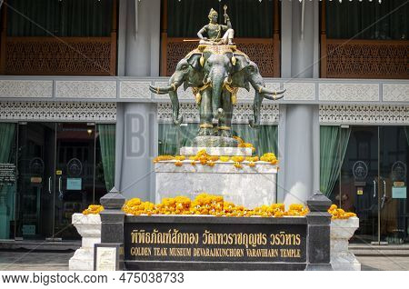 Bangkok, Thailand - April 22, 2023: Statue Of Indra On The Erawan Elephant At Thewarat Kunchorn Wora