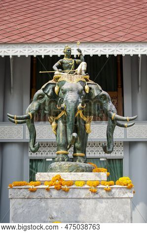 Bangkok, Thailand - April 22, 2023: Statue Of Indra On The Erawan Elephant At Thewarat Kunchorn Wora