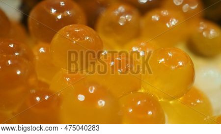 Close Up Of Sashimi Salmon Roe With Rice Bowl Or Donburi In Japanese Style Food.