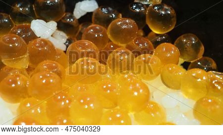 Close Up Of Sashimi Salmon Roe With Rice Bowl Or Donburi In Japanese Style Food.
