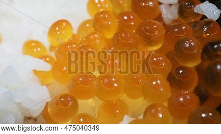 Close Up Of Sashimi Salmon Roe With Rice Bowl Or Donburi In Japanese Style Food.
